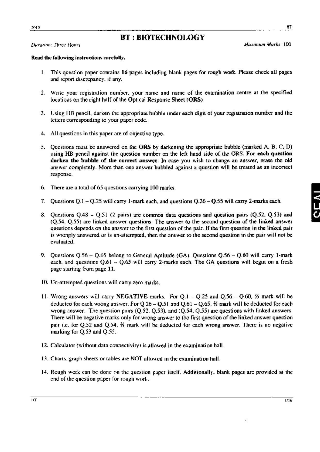 GATE 2010 Biotechnology (BT) Question Paper with Answer Key - Page 1