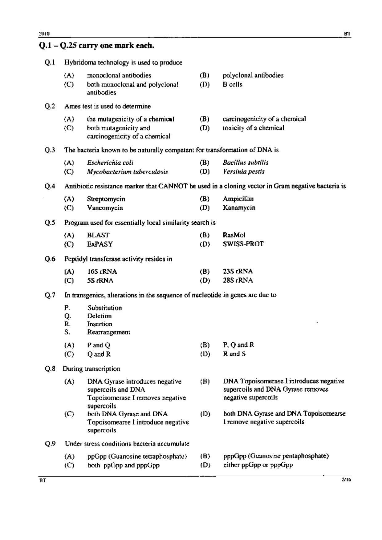 GATE 2010 Biotechnology (BT) Question Paper with Answer Key - Page 2