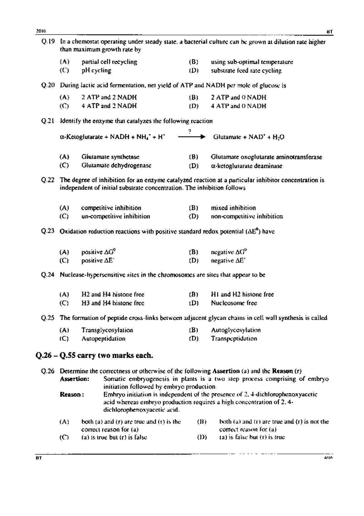 GATE 2010 Biotechnology (BT) Question Paper with Answer Key - Page 4