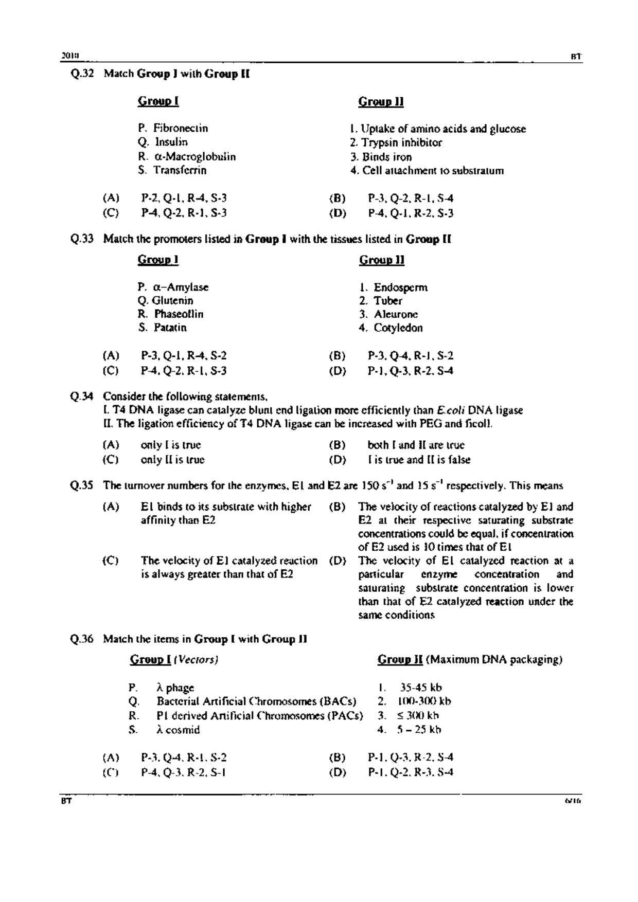 GATE 2010 Biotechnology (BT) Question Paper with Answer Key - Page 6