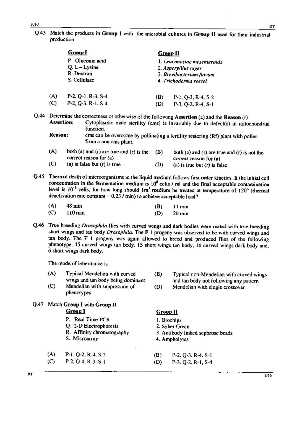 GATE 2010 Biotechnology (BT) Question Paper with Answer Key - Page 8