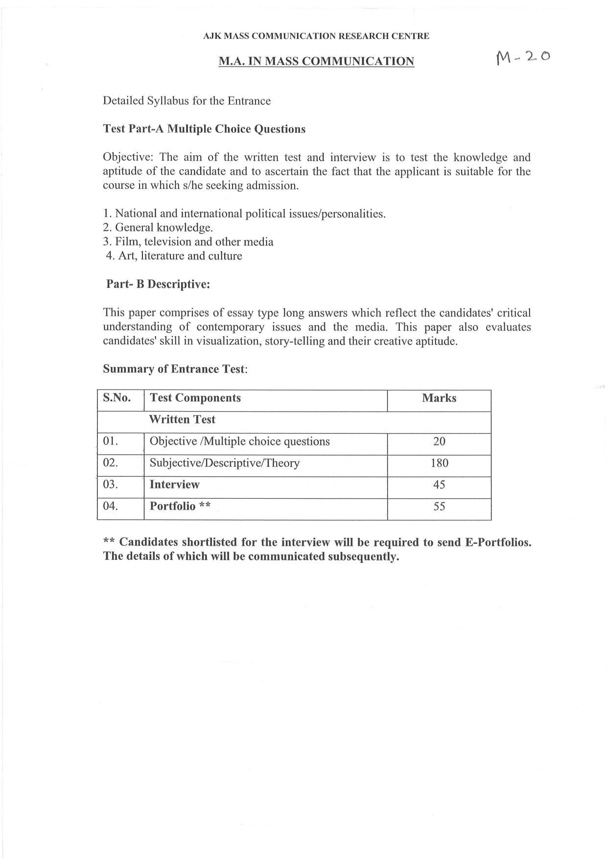 JMI Entrance Exam M20-M.A (Mass Communication) Syllabus - Page 1