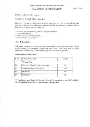 JMI Entrance Exam M20-M.A (Mass Communication) Syllabus