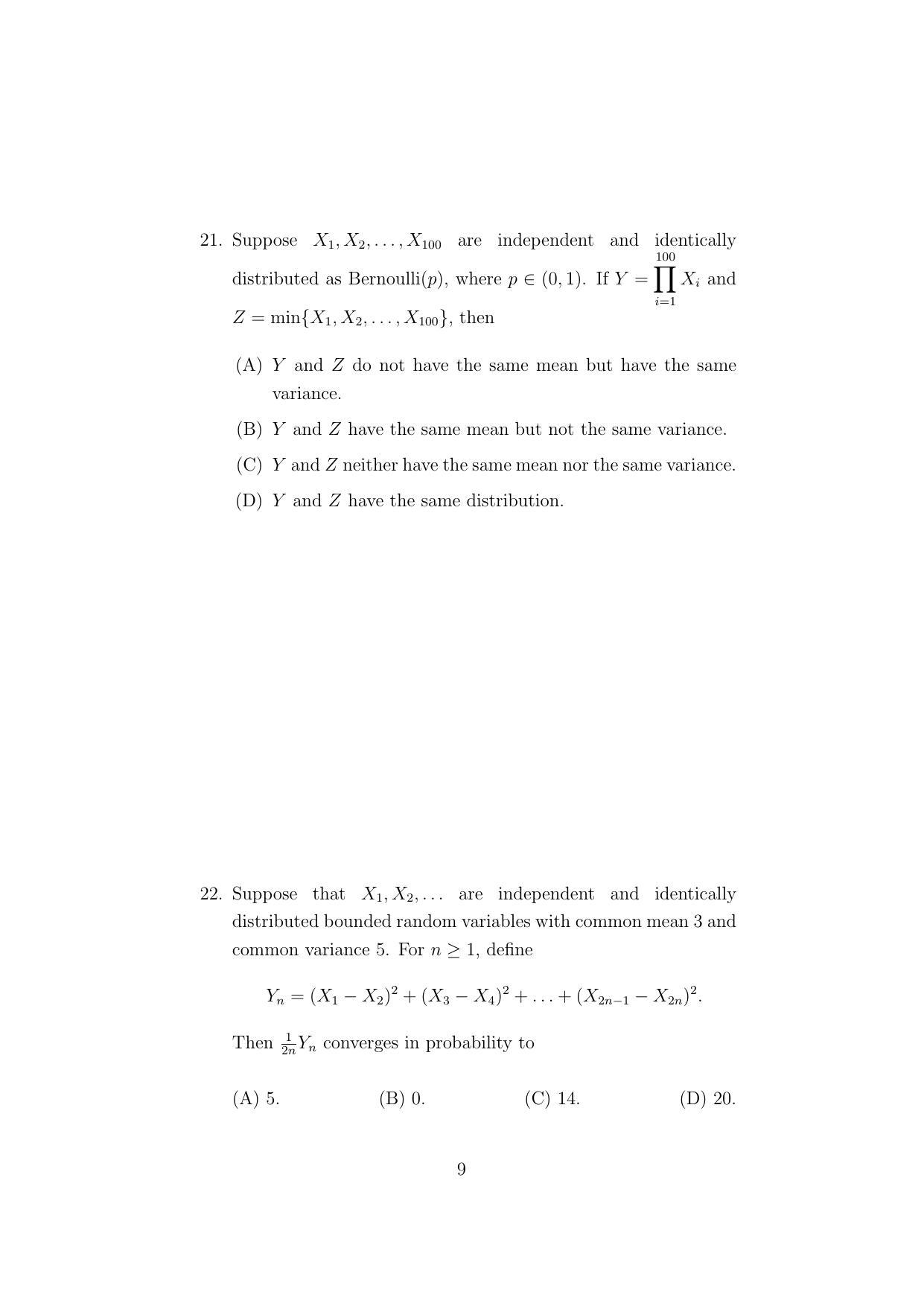 ISI Admission Test M.Stat. PSA 2022 Sample Paper - Page 9