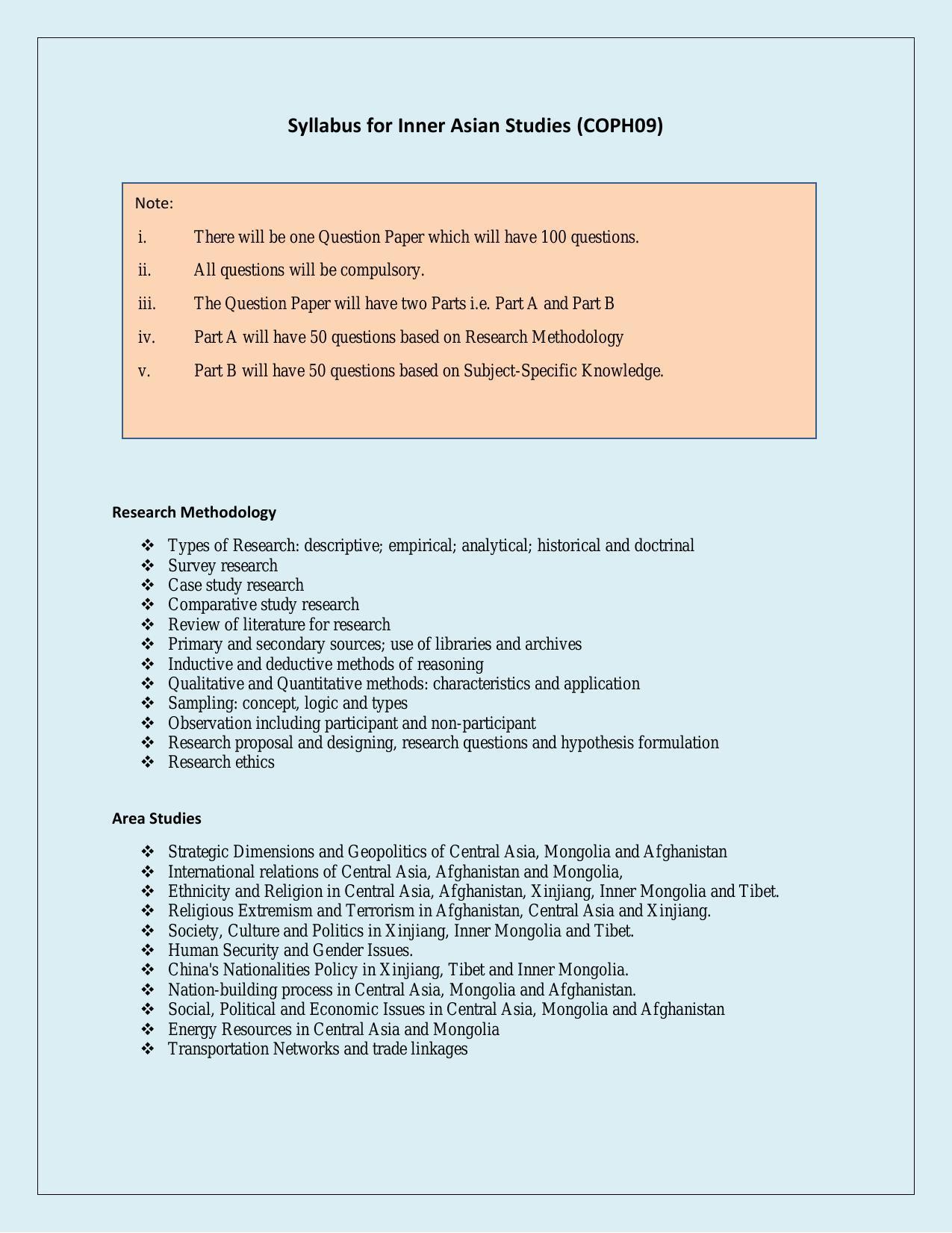 NTA PhD Entrance Exam Inner Asia Studies Syllabus - Page 1