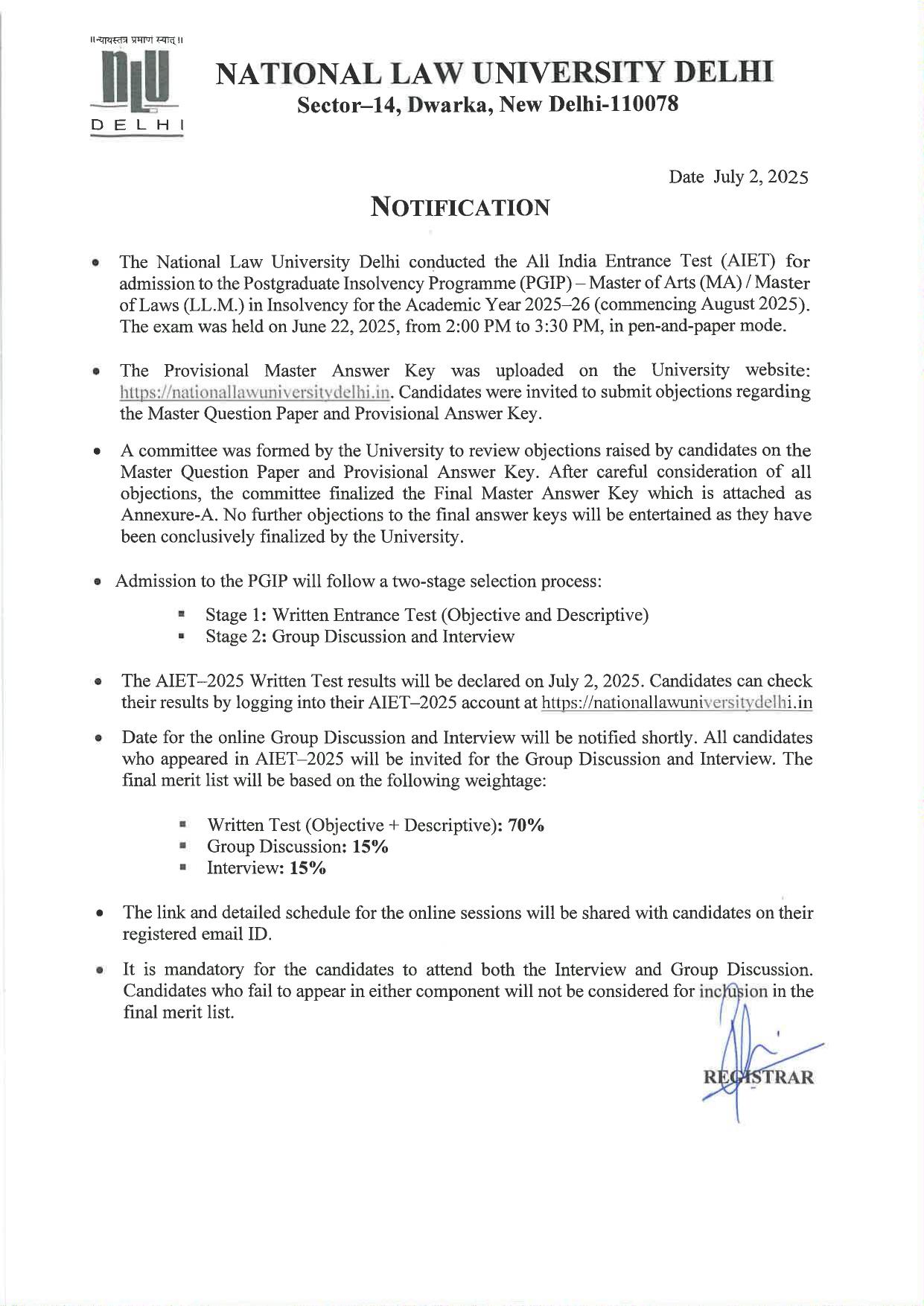 AILET 2025 Answer Key for LLM - Page 1