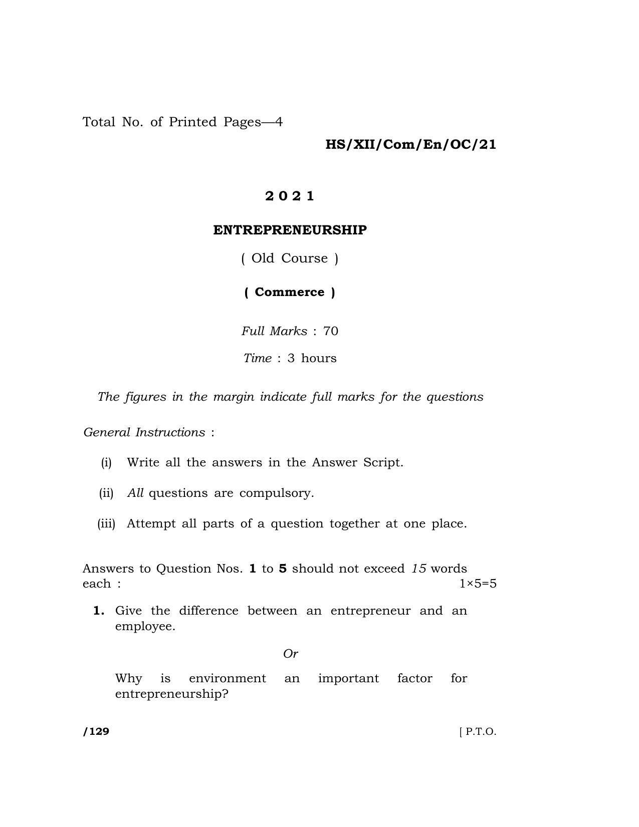 Meghalaya Board (MBOSE) Class 12 ENTREPRENEURSHIP (Old Course) (HS-XII-Com-En-OC-21) 2021 Question Paper - Page 1
