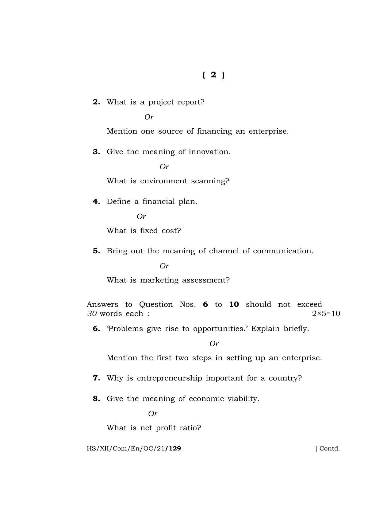 Meghalaya Board (MBOSE) Class 12 ENTREPRENEURSHIP (Old Course) (HS-XII-Com-En-OC-21) 2021 Question Paper - Page 2