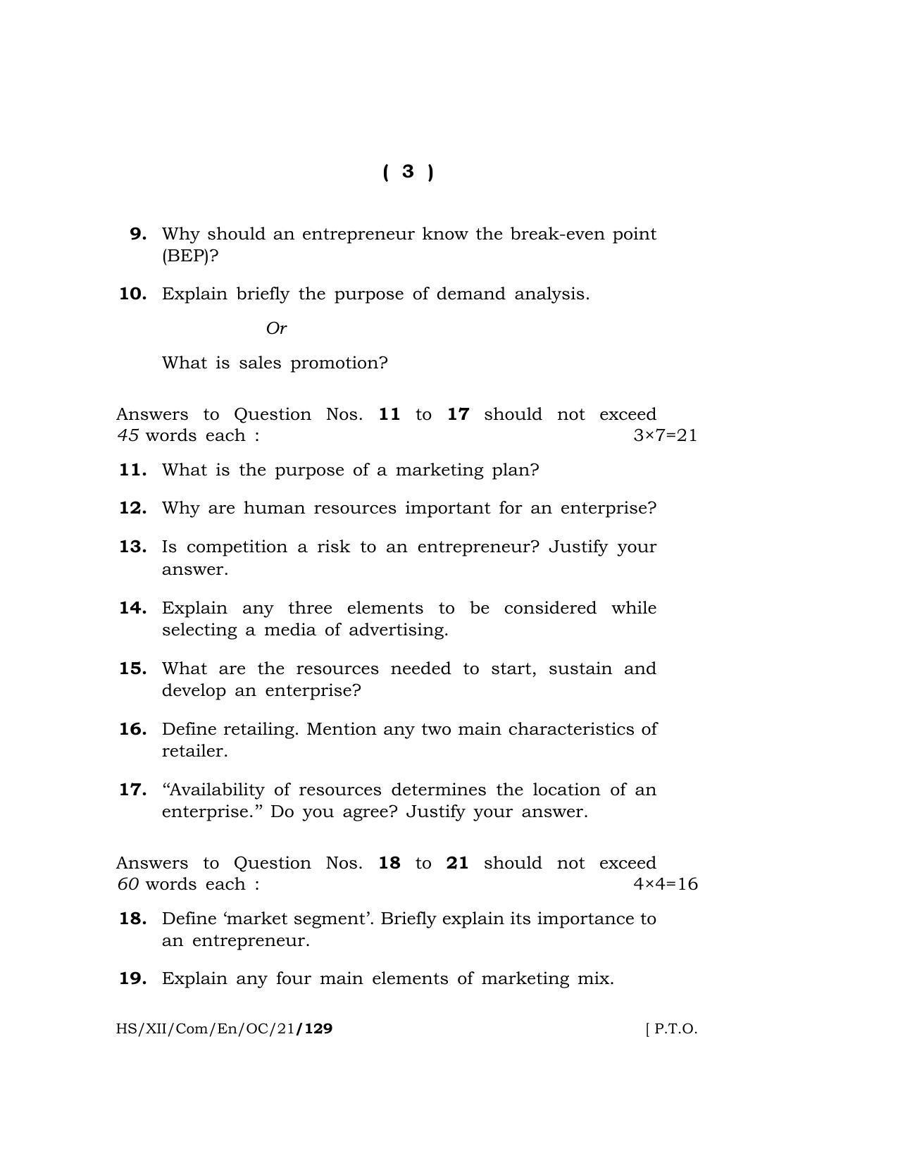 Meghalaya Board (MBOSE) Class 12 ENTREPRENEURSHIP (Old Course) (HS-XII-Com-En-OC-21) 2021 Question Paper - Page 3