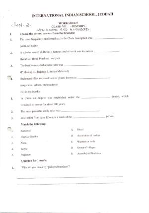 CBSE Worksheets for Class 7 Geography Kings and Kingdoms Assignment 2