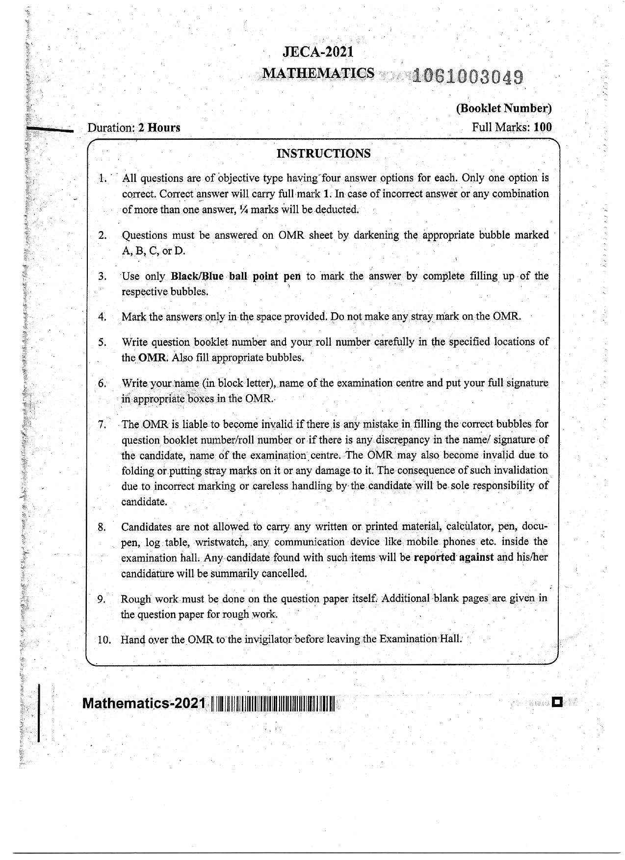 WB JECA 2021 Mathematics Question Paper - Page 1