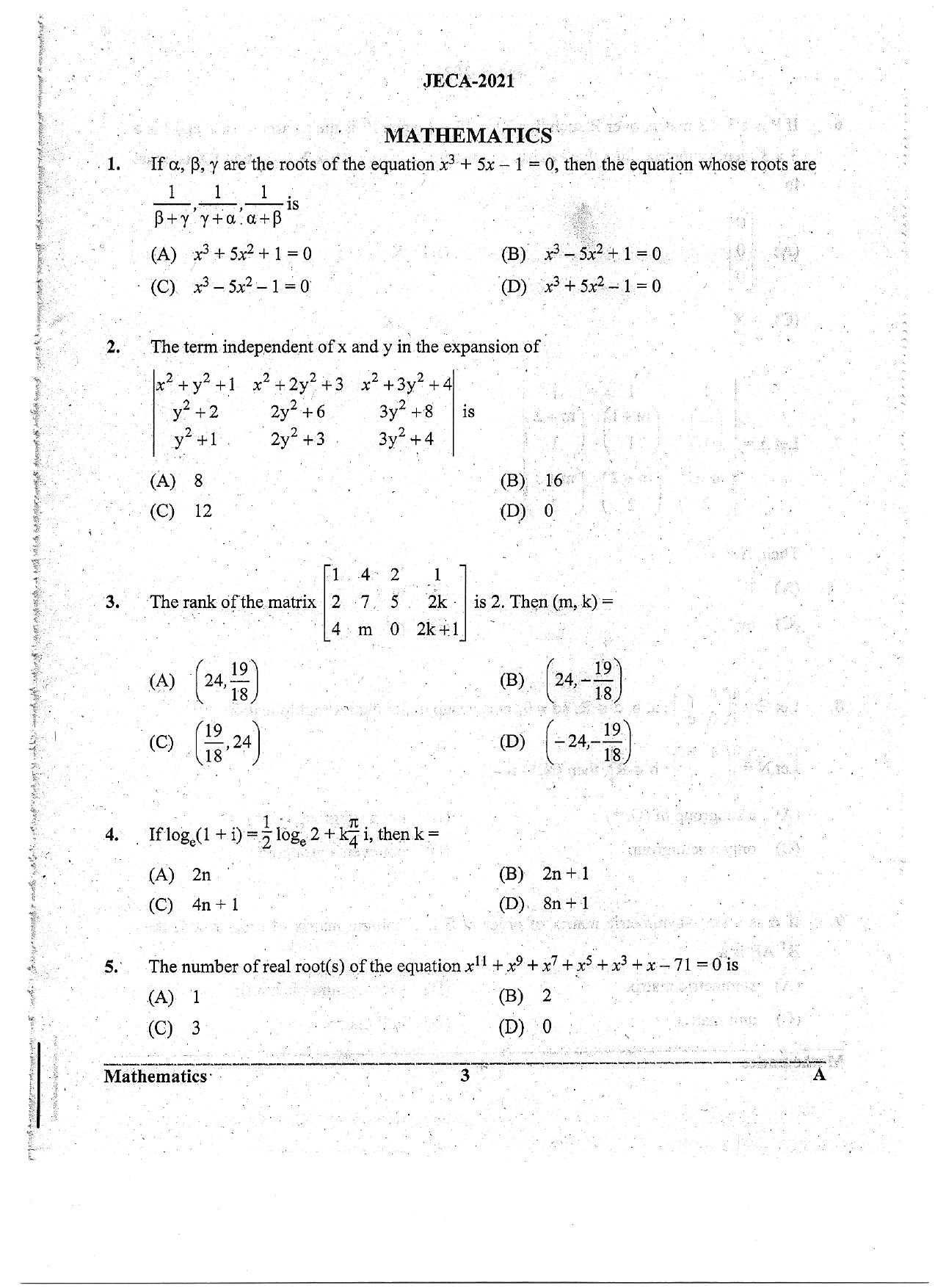 WB JECA 2021 Mathematics Question Paper - Page 3
