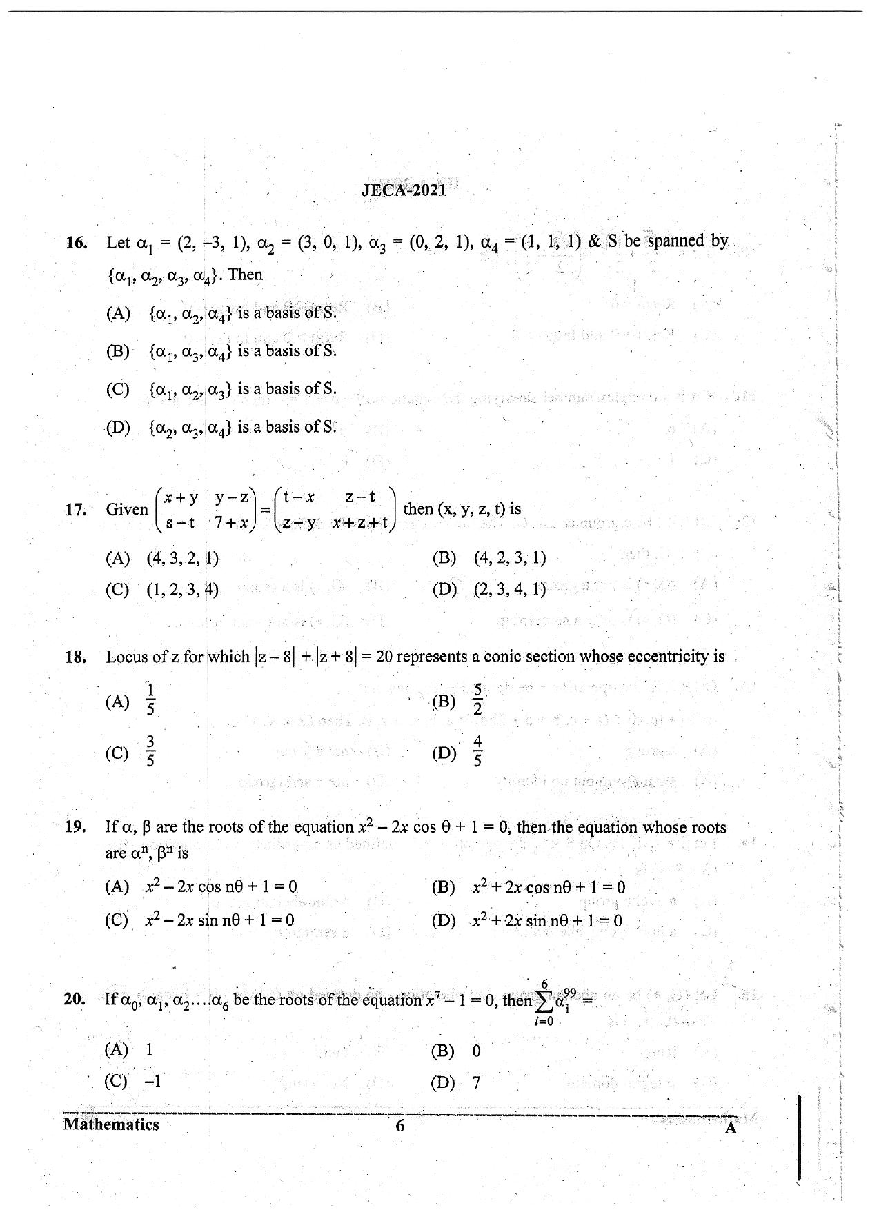 WB JECA 2021 Mathematics Question Paper - Page 6