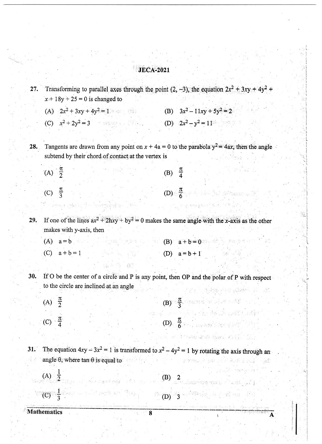 WB JECA 2021 Mathematics Question Paper - Page 8