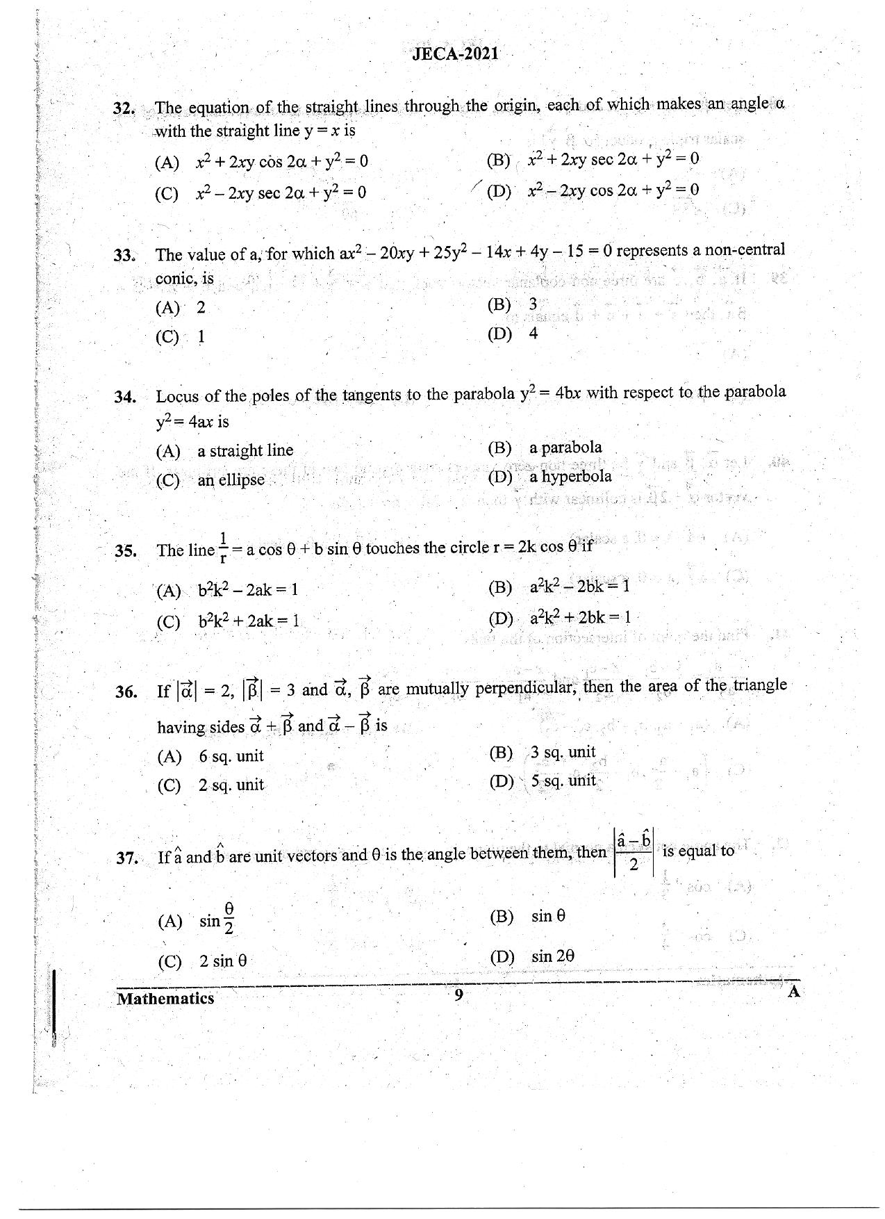 WB JECA 2021 Mathematics Question Paper - Page 9