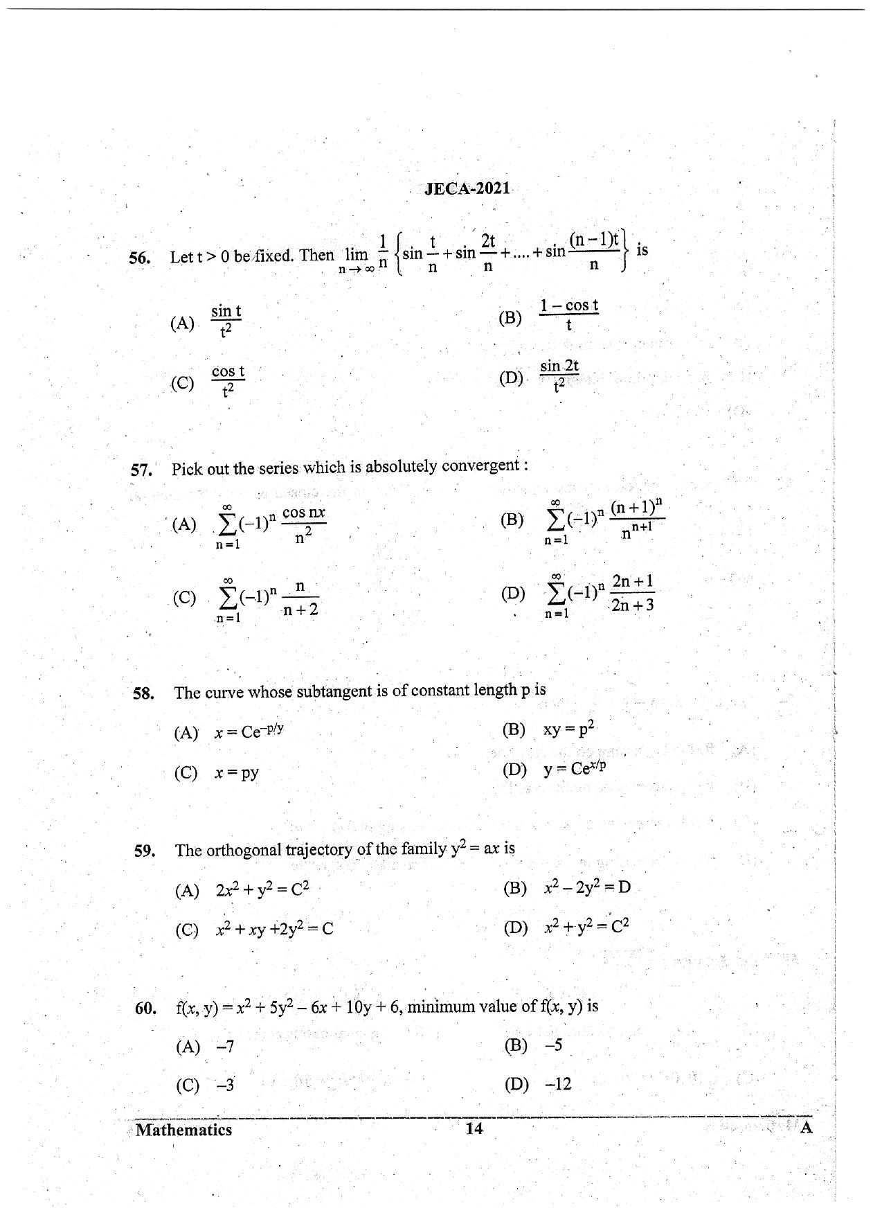 WB JECA 2021 Mathematics Question Paper - Page 14