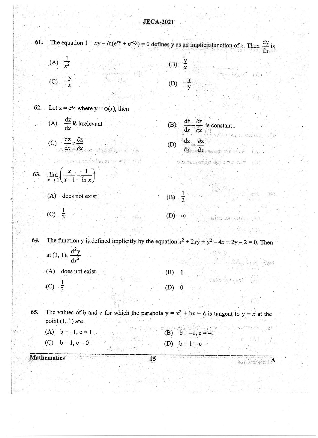 WB JECA 2021 Mathematics Question Paper - Page 15