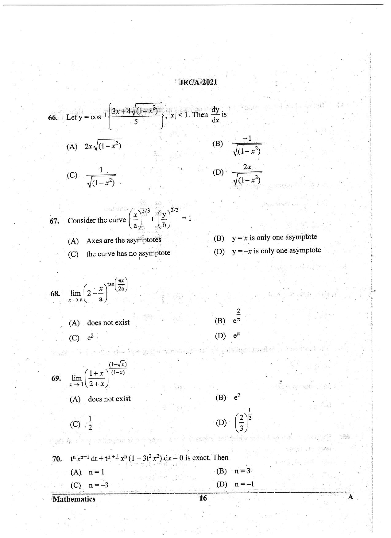 WB JECA 2021 Mathematics Question Paper - Page 16