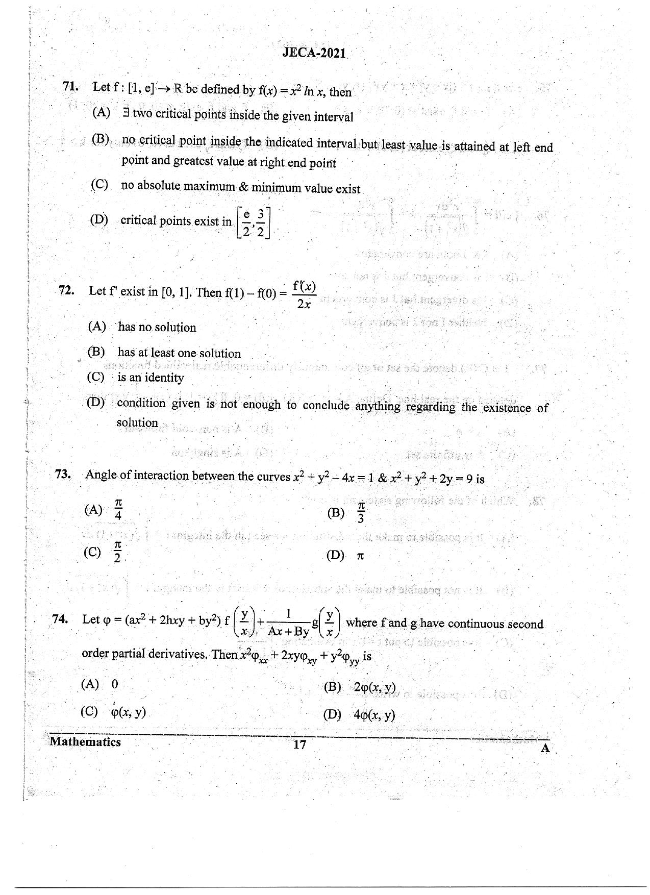 WB JECA 2021 Mathematics Question Paper - Page 17