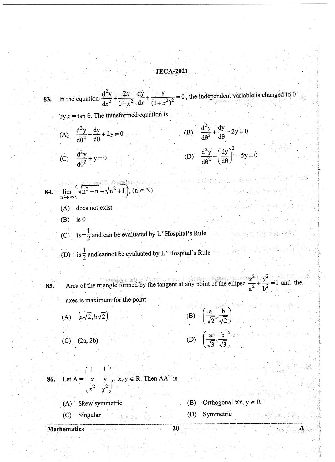 WB JECA 2021 Mathematics Question Paper - Page 20