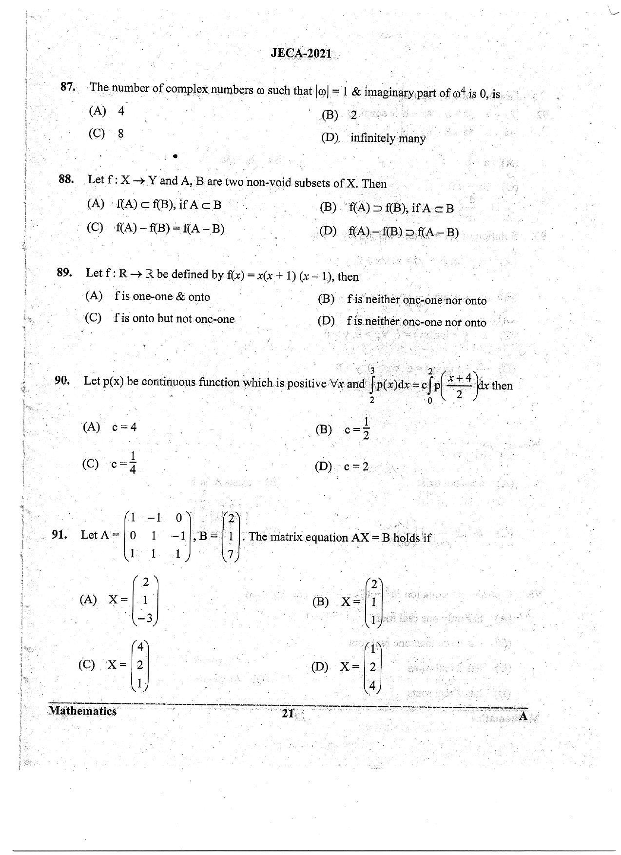 WB JECA 2021 Mathematics Question Paper - Page 21