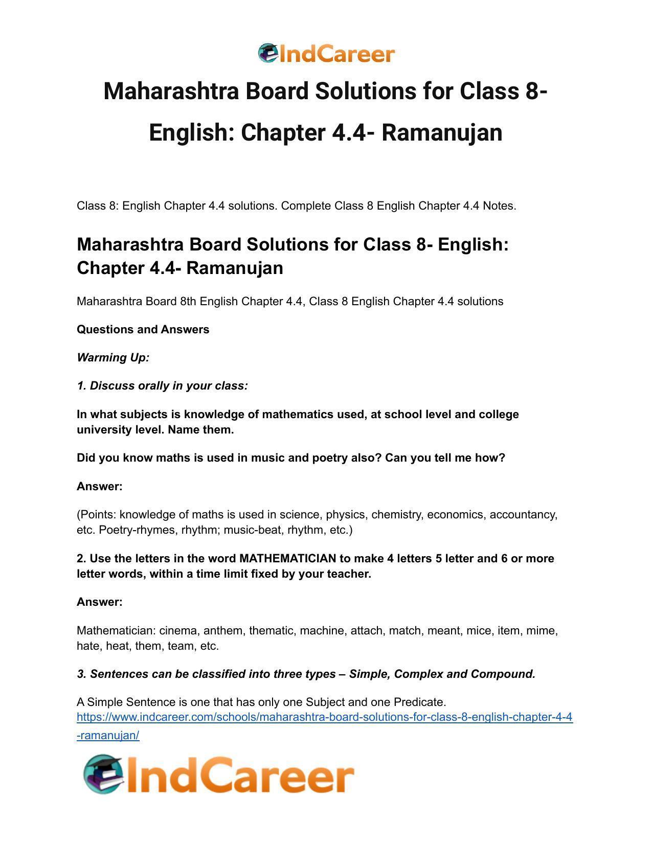 Maharashtra Board Solutions for Class 8- English: Chapter 4.4- Ramanujan - Page 2