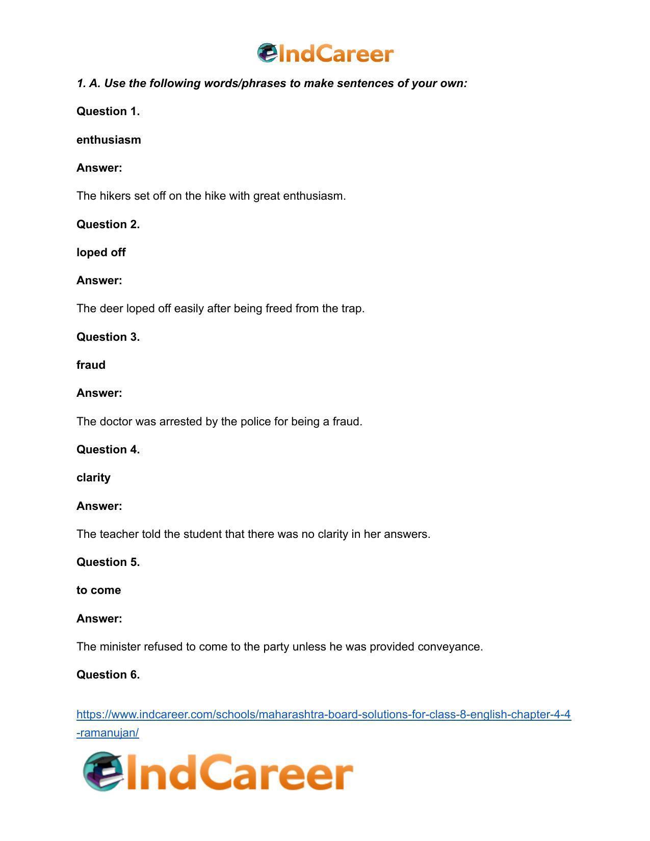 Maharashtra Board Solutions for Class 8- English: Chapter 4.4- Ramanujan - Page 4