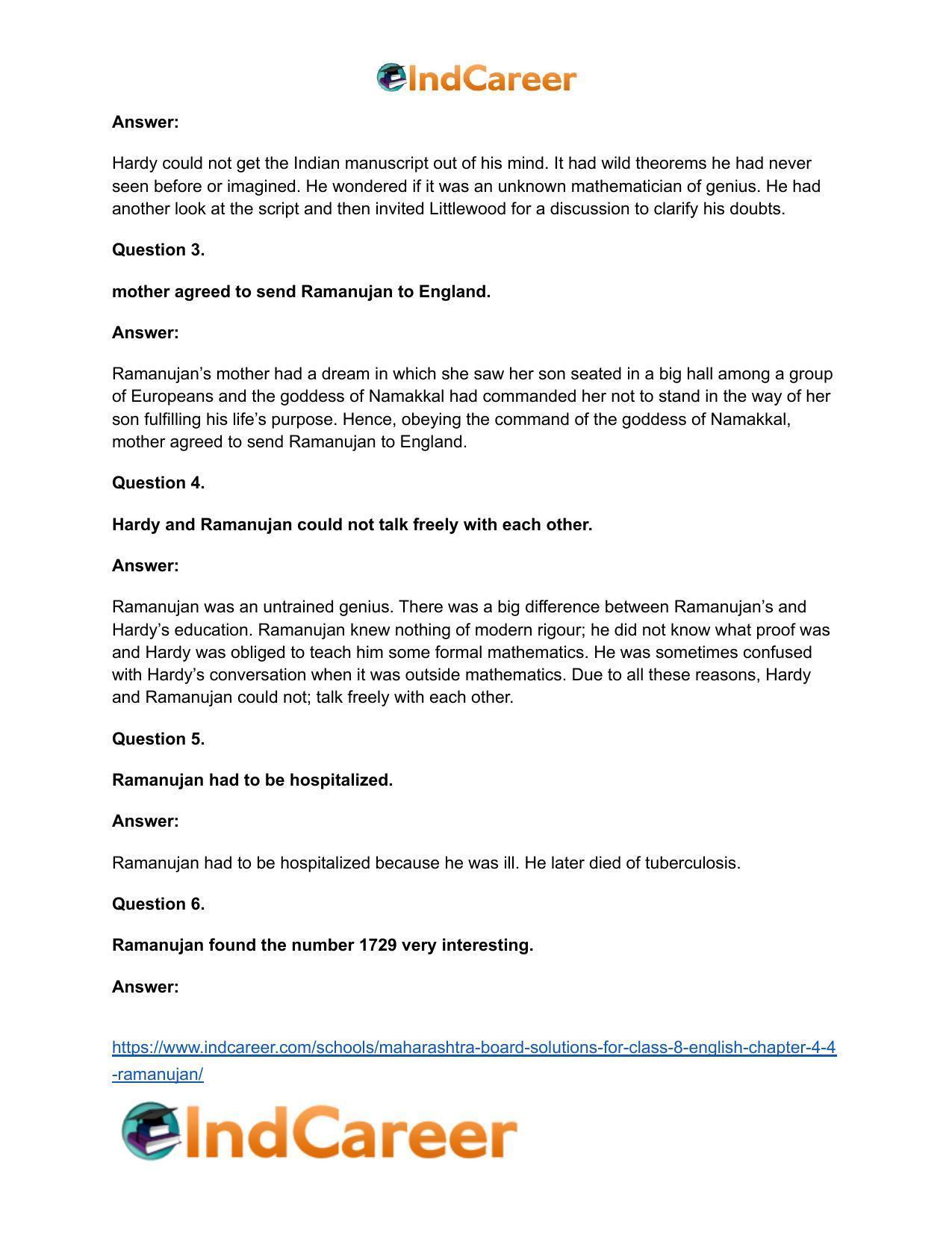 Maharashtra Board Solutions for Class 8- English: Chapter 4.4- Ramanujan - Page 7