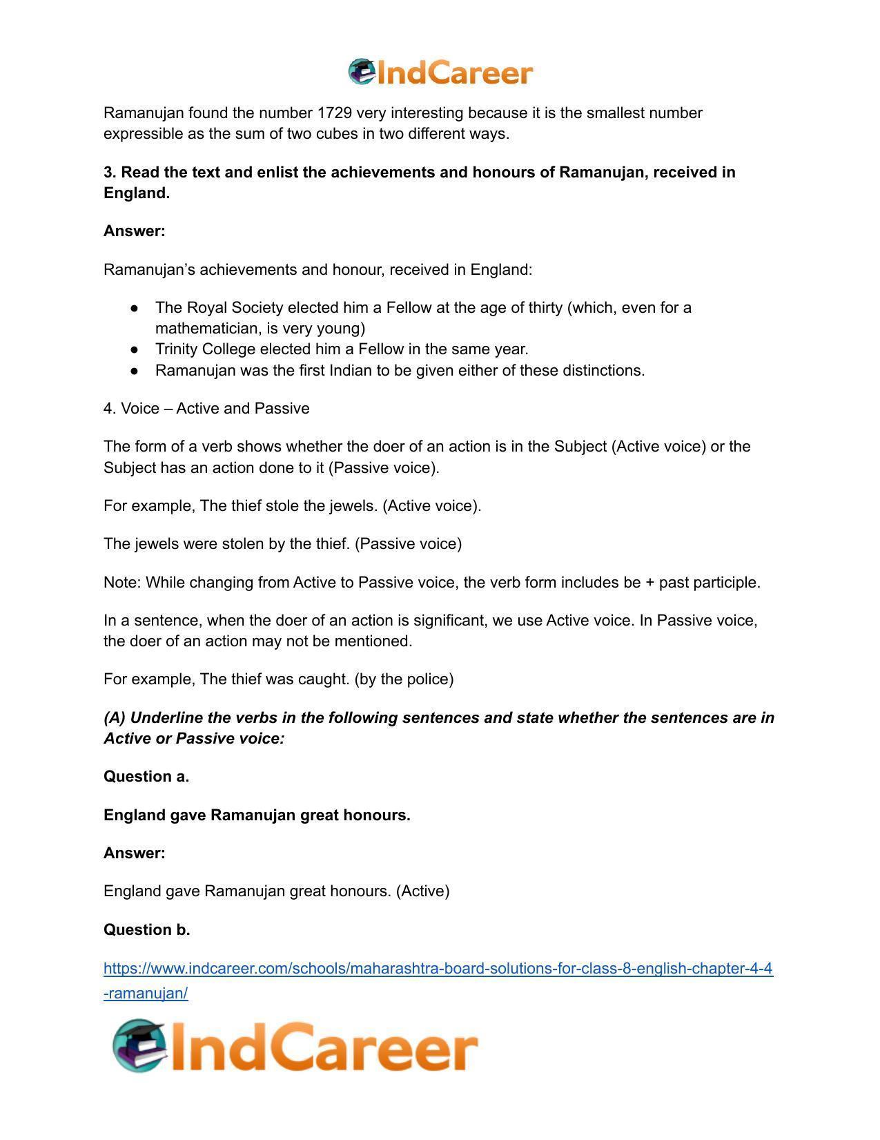 Maharashtra Board Solutions for Class 8- English: Chapter 4.4- Ramanujan - Page 8