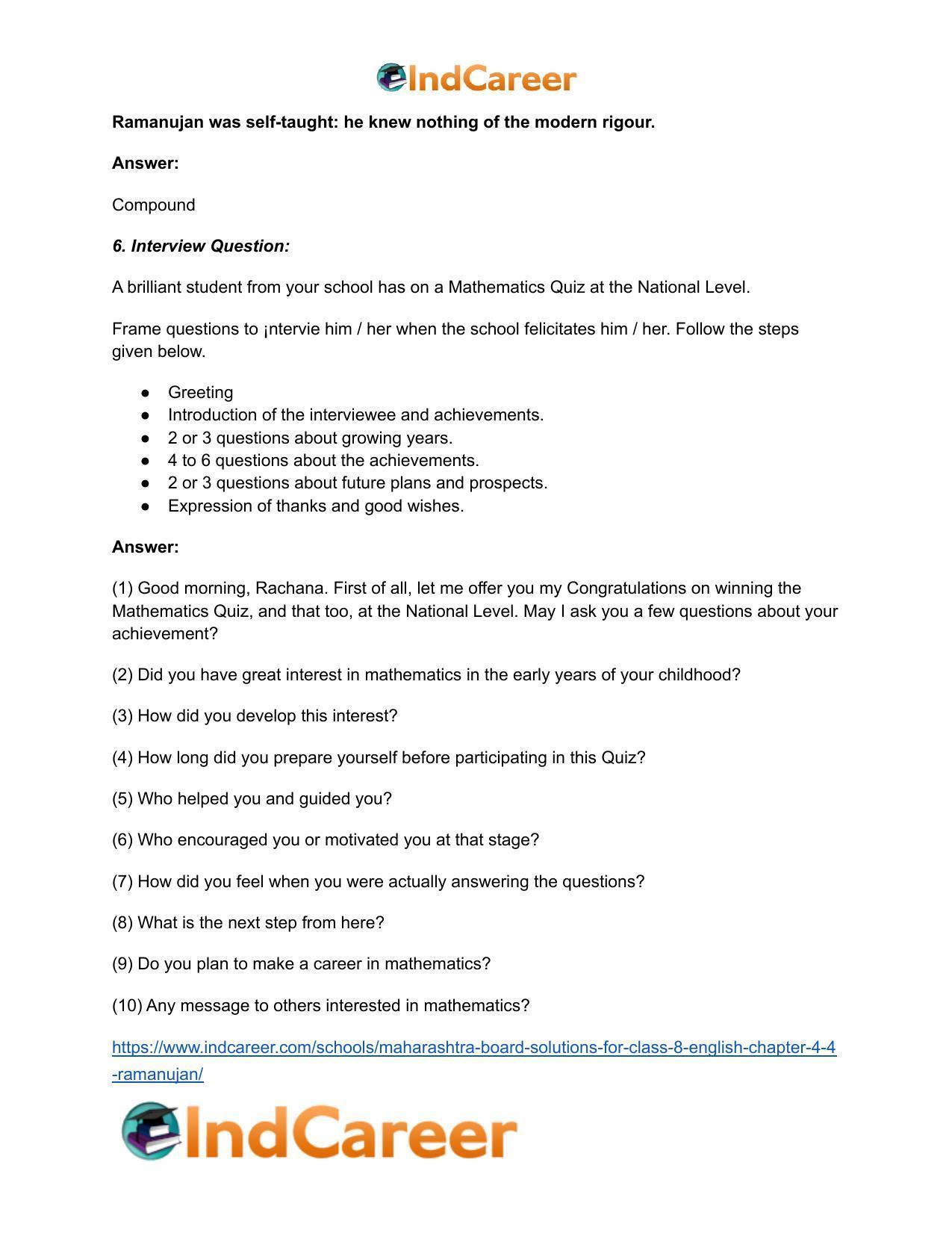 Maharashtra Board Solutions for Class 8- English: Chapter 4.4- Ramanujan - Page 12