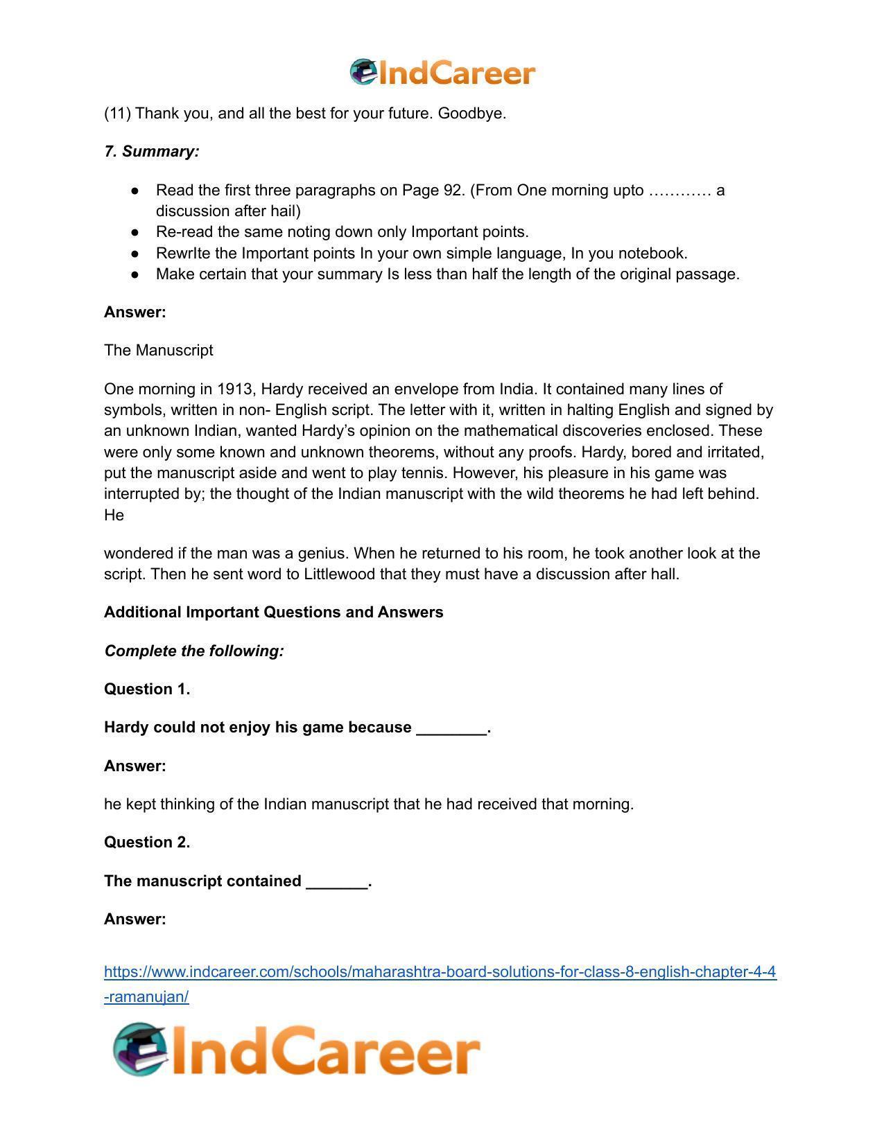 Maharashtra Board Solutions for Class 8- English: Chapter 4.4- Ramanujan - Page 13