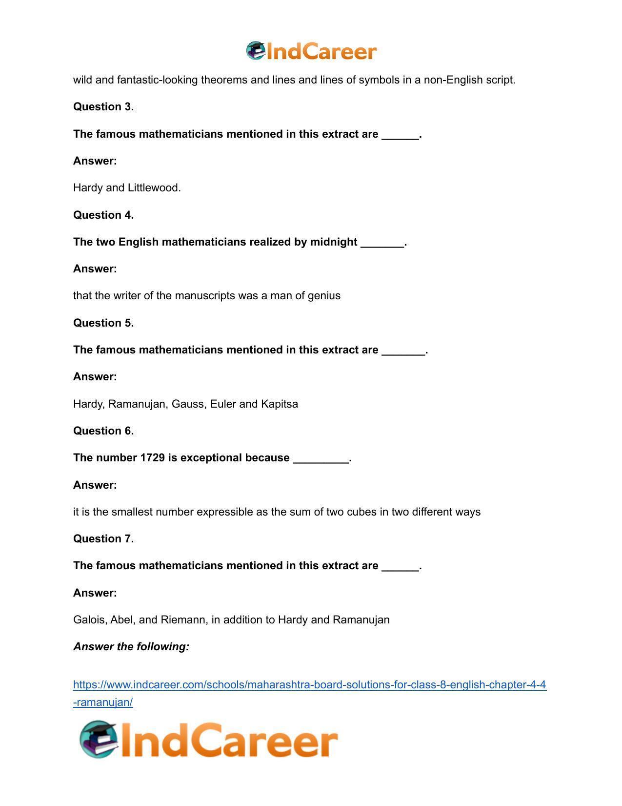 Maharashtra Board Solutions for Class 8- English: Chapter 4.4- Ramanujan - Page 14