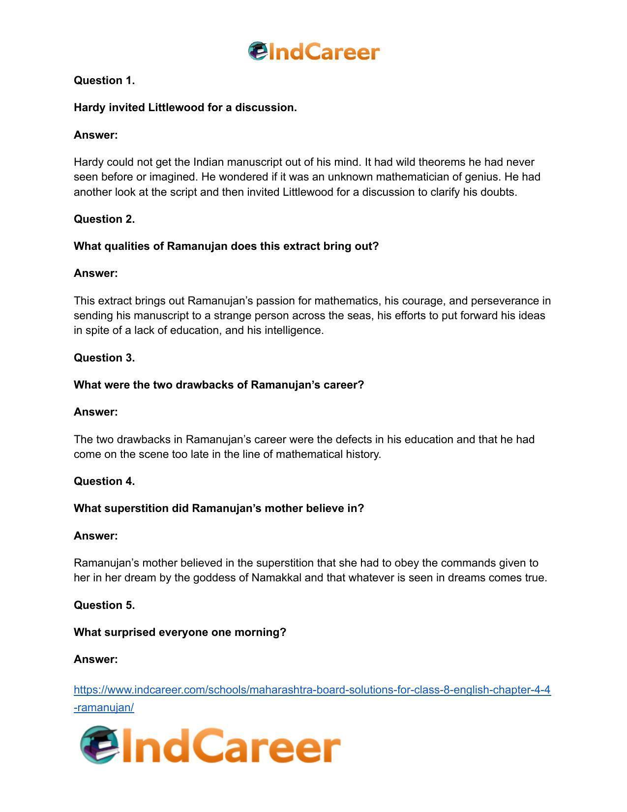 Maharashtra Board Solutions for Class 8- English: Chapter 4.4- Ramanujan - Page 15