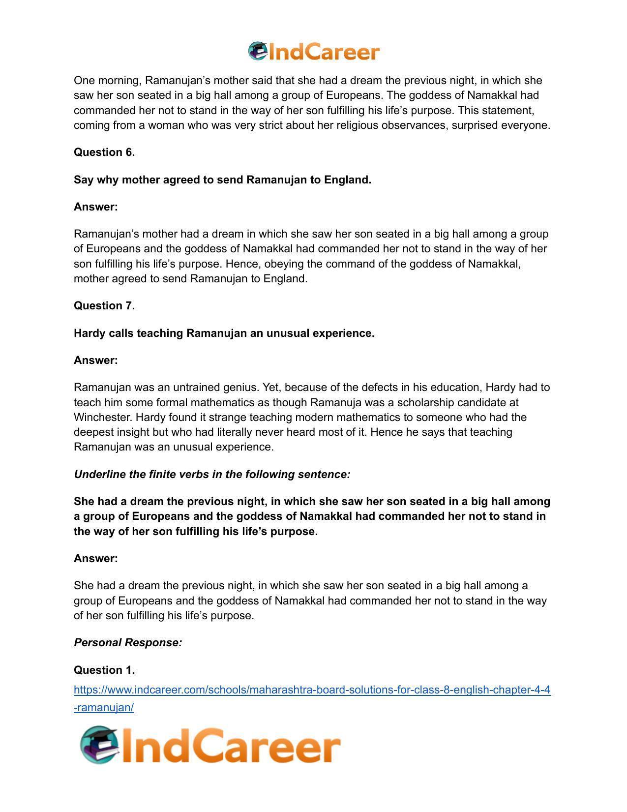 Maharashtra Board Solutions for Class 8- English: Chapter 4.4- Ramanujan - Page 16