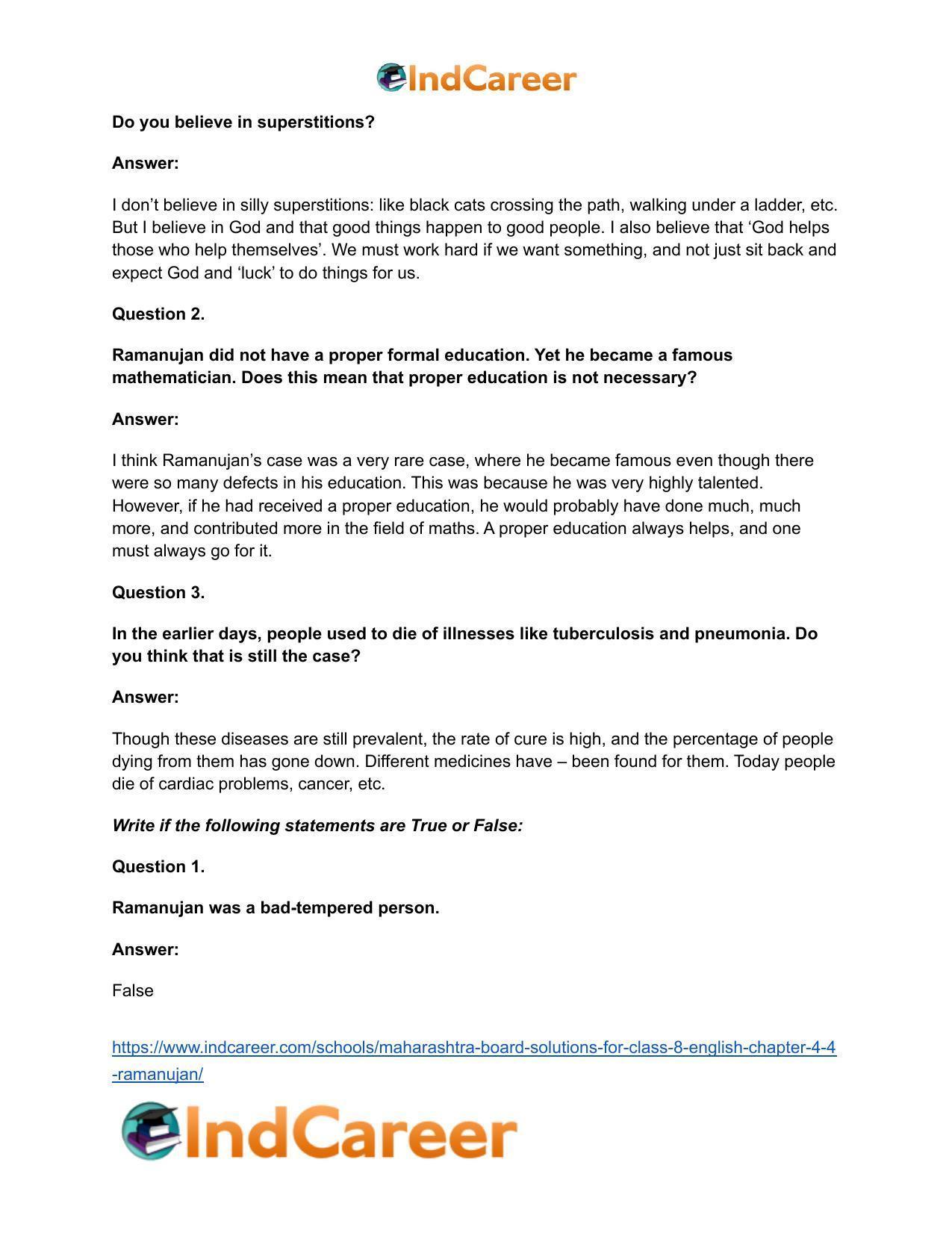 Maharashtra Board Solutions for Class 8- English: Chapter 4.4- Ramanujan - Page 17