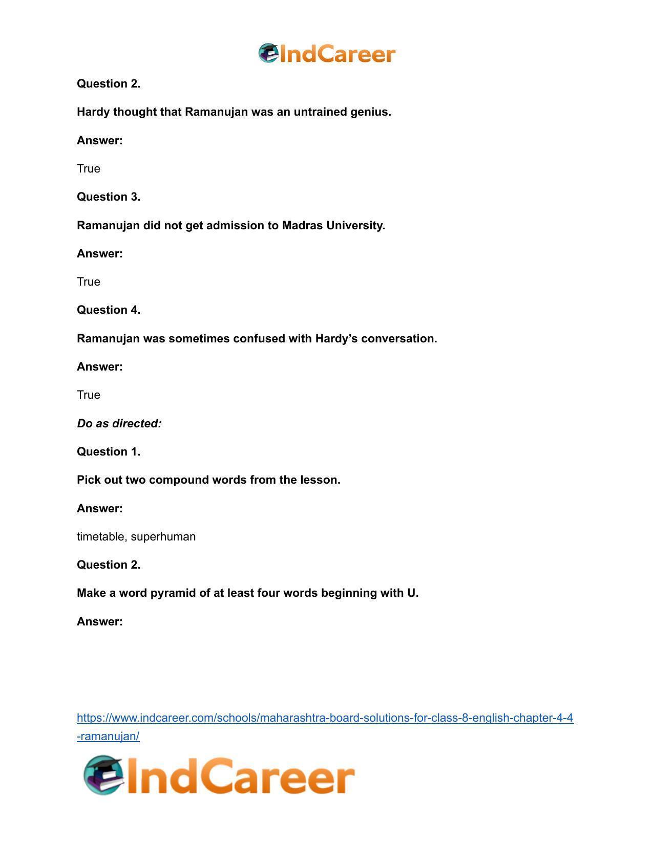 Maharashtra Board Solutions for Class 8- English: Chapter 4.4- Ramanujan - Page 18