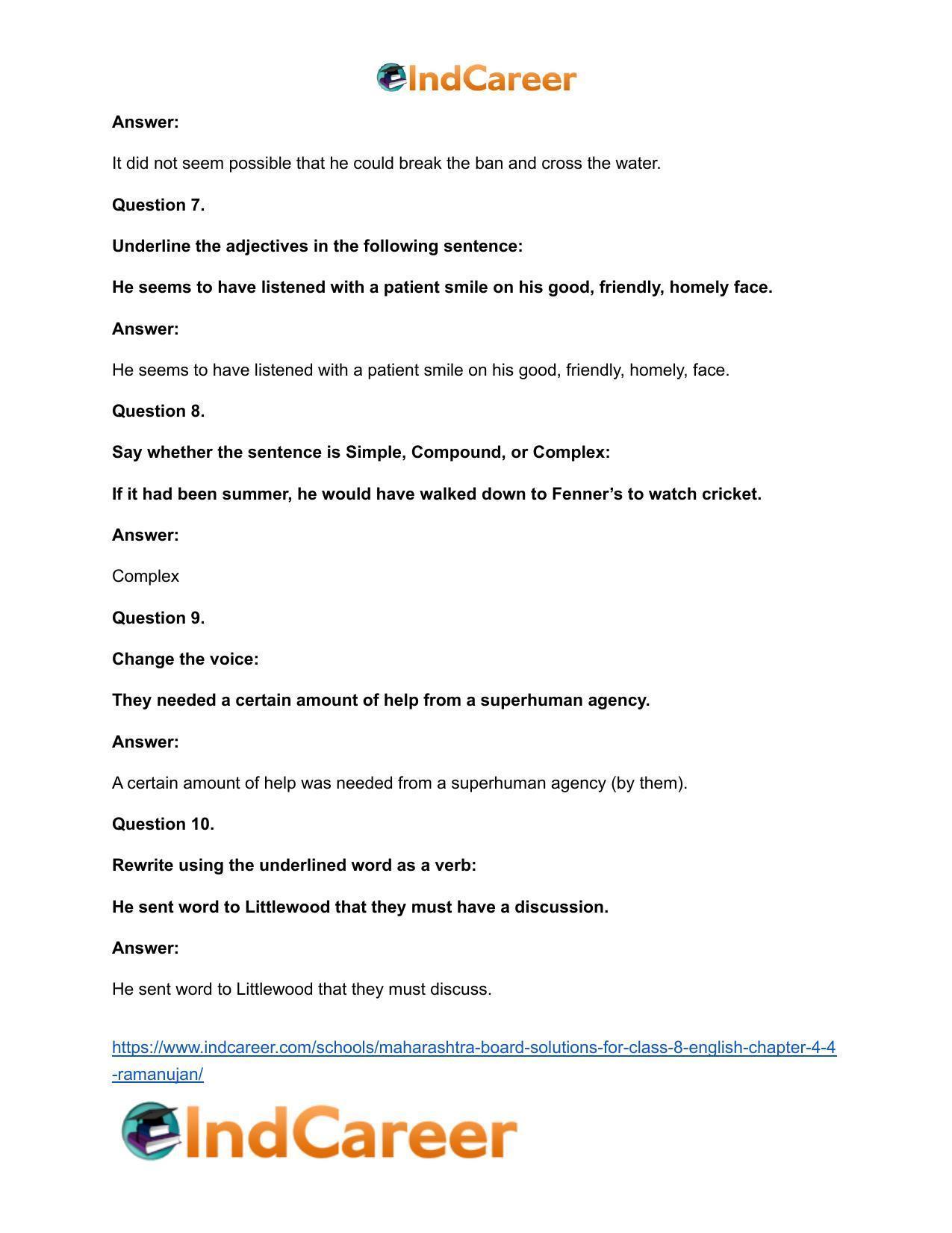 Maharashtra Board Solutions for Class 8- English: Chapter 4.4- Ramanujan - Page 20