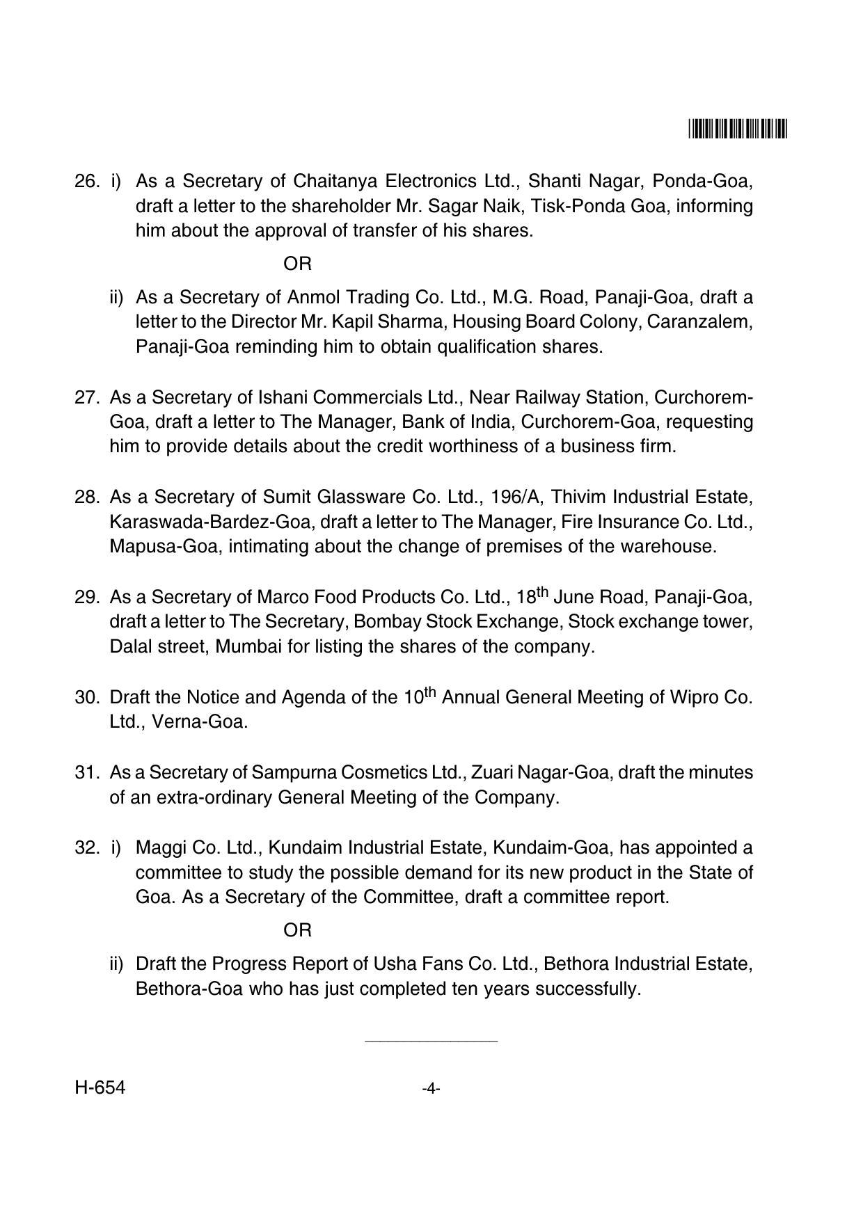 Goa Board Class 12 Secretarial Practice  654 New Pattern (March 2018) Question Paper - Page 4