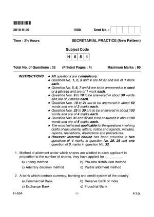 Goa Board Class 12 Secretarial Practice  654 New Pattern (March 2018) Question Paper