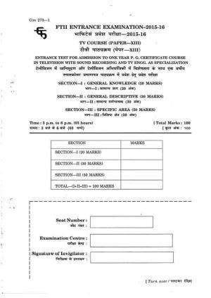 FTII JET One Year Post Graduate Certificate Course in Sound Recording and TV Engineering 2015-16 Question Paper