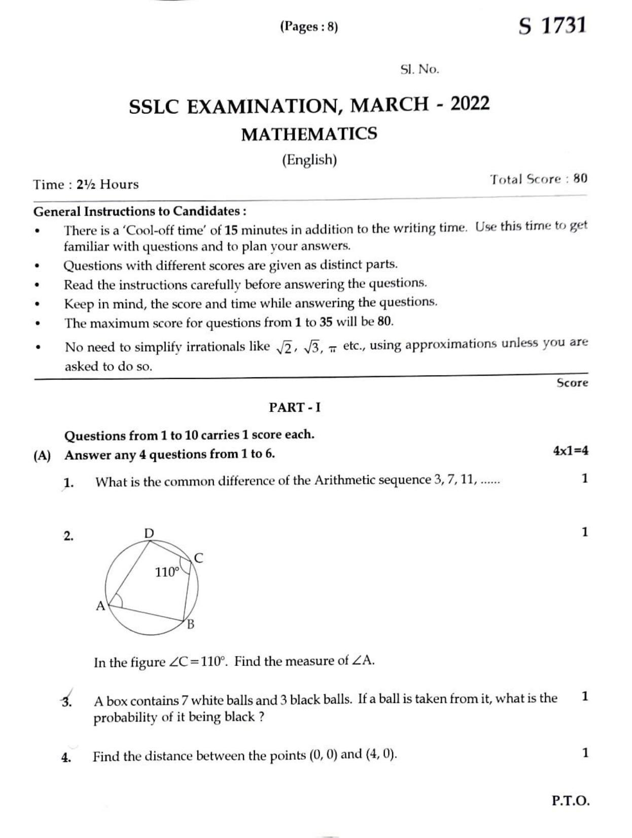Kerala SSLC 2022 Maths Question Paper (EM) (Annual) - Page 1