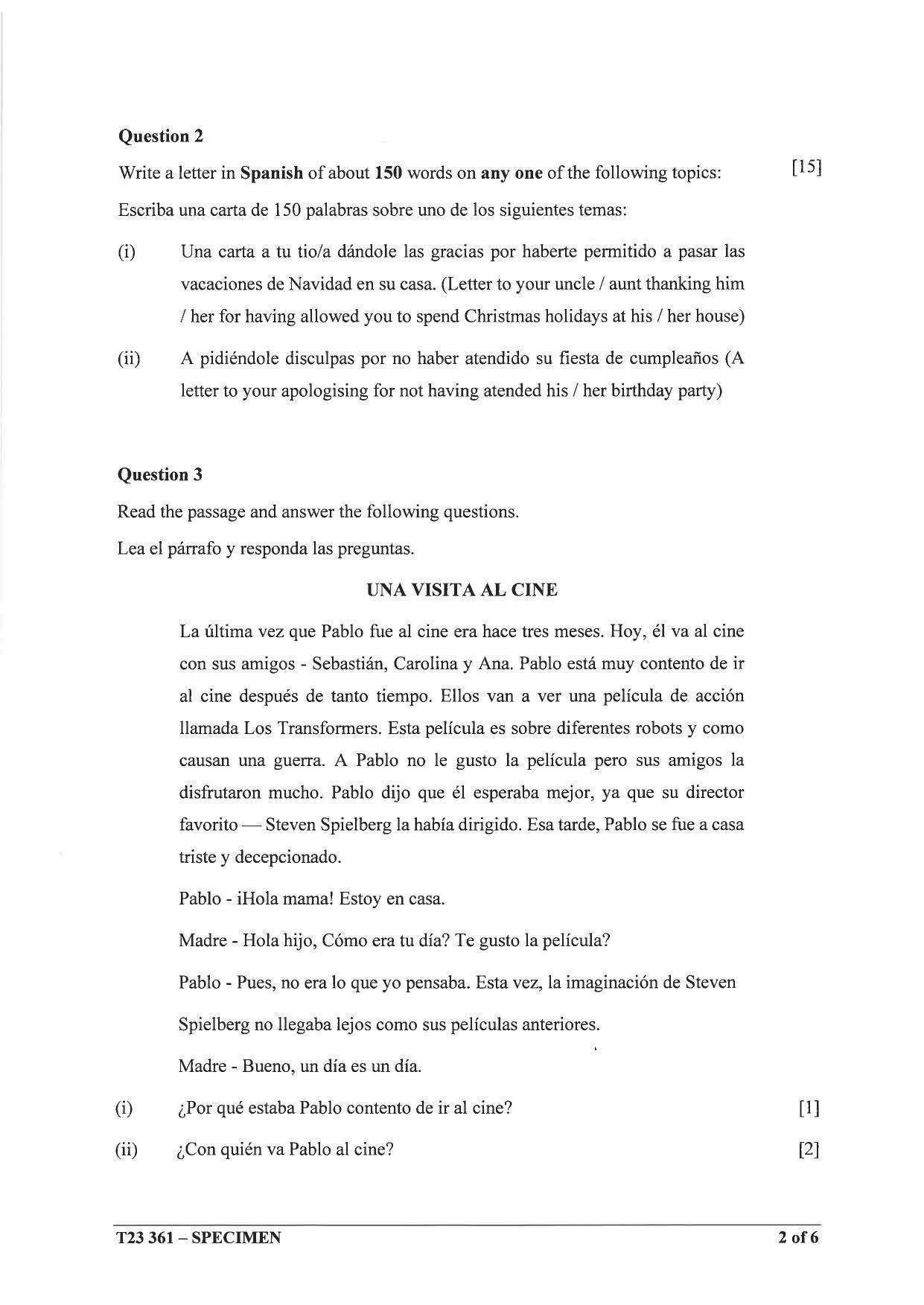 ICSE Class 10 Spanish Sample Paper 2023 - Page 2