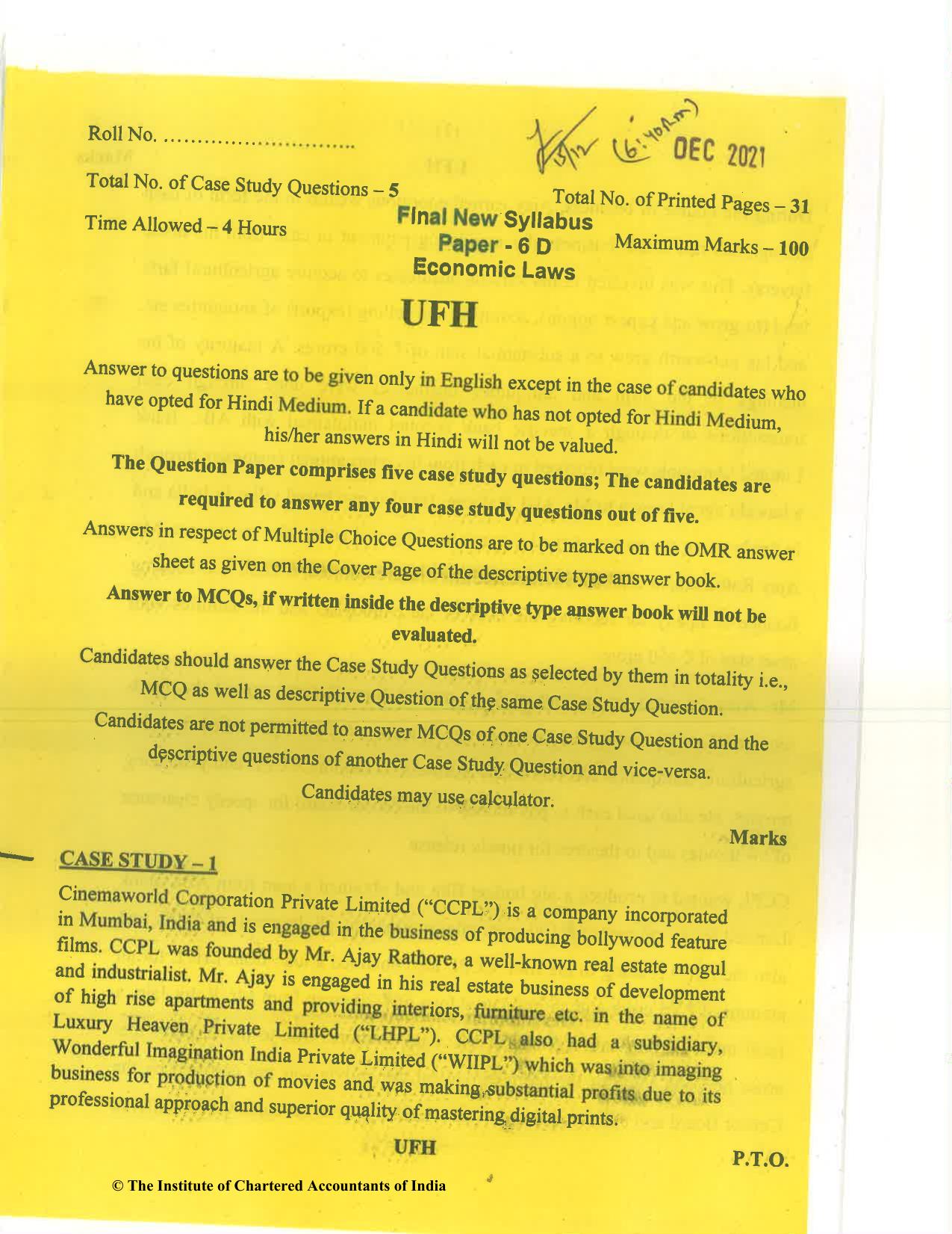 CA Final Dec 2021 Question Paper - Paper 6D – Economic Laws - Page 1
