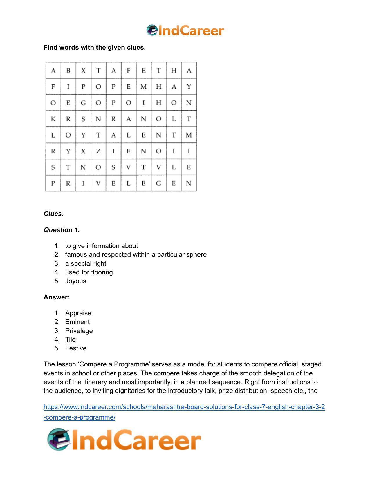 Maharashtra Board Solutions for Class 7- English: Chapter 3.2- Compere a Programme - Page 20