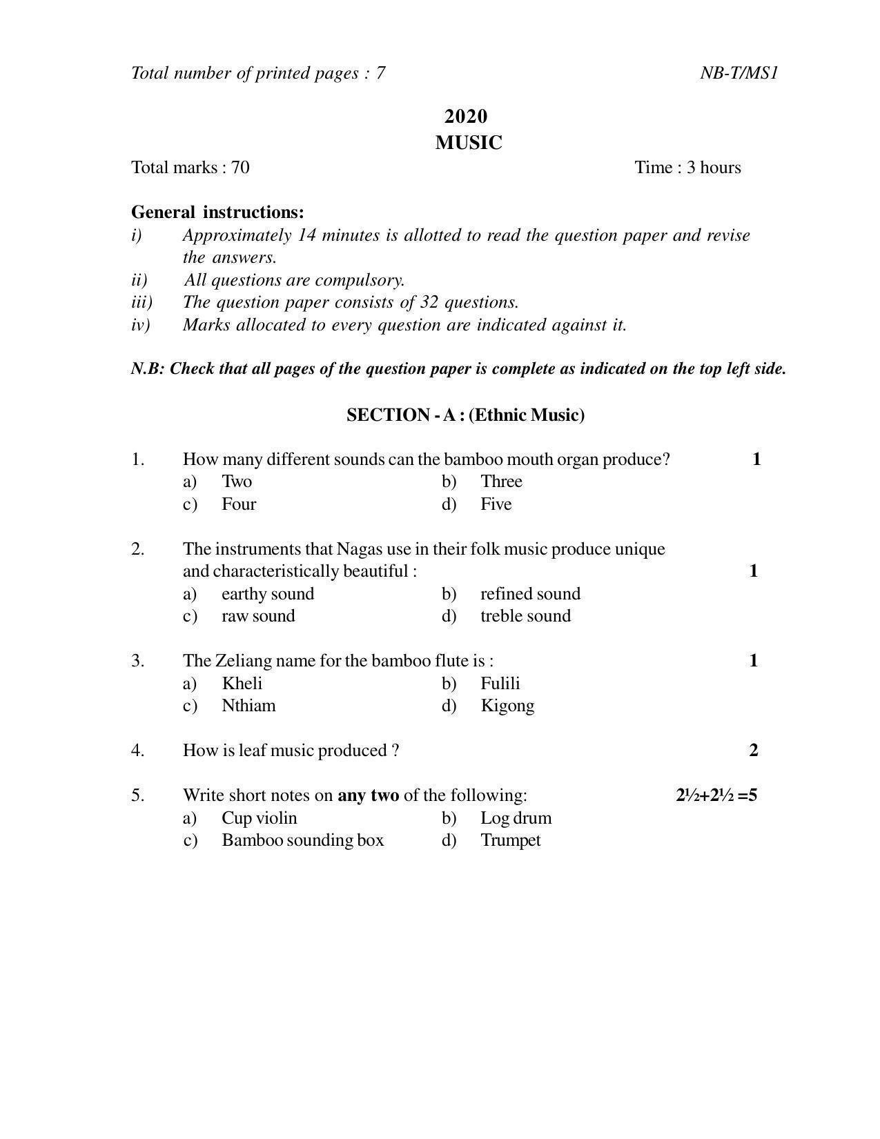 Nagaland Board Class 10 MUSIC 2020 Question Paper - Page 1