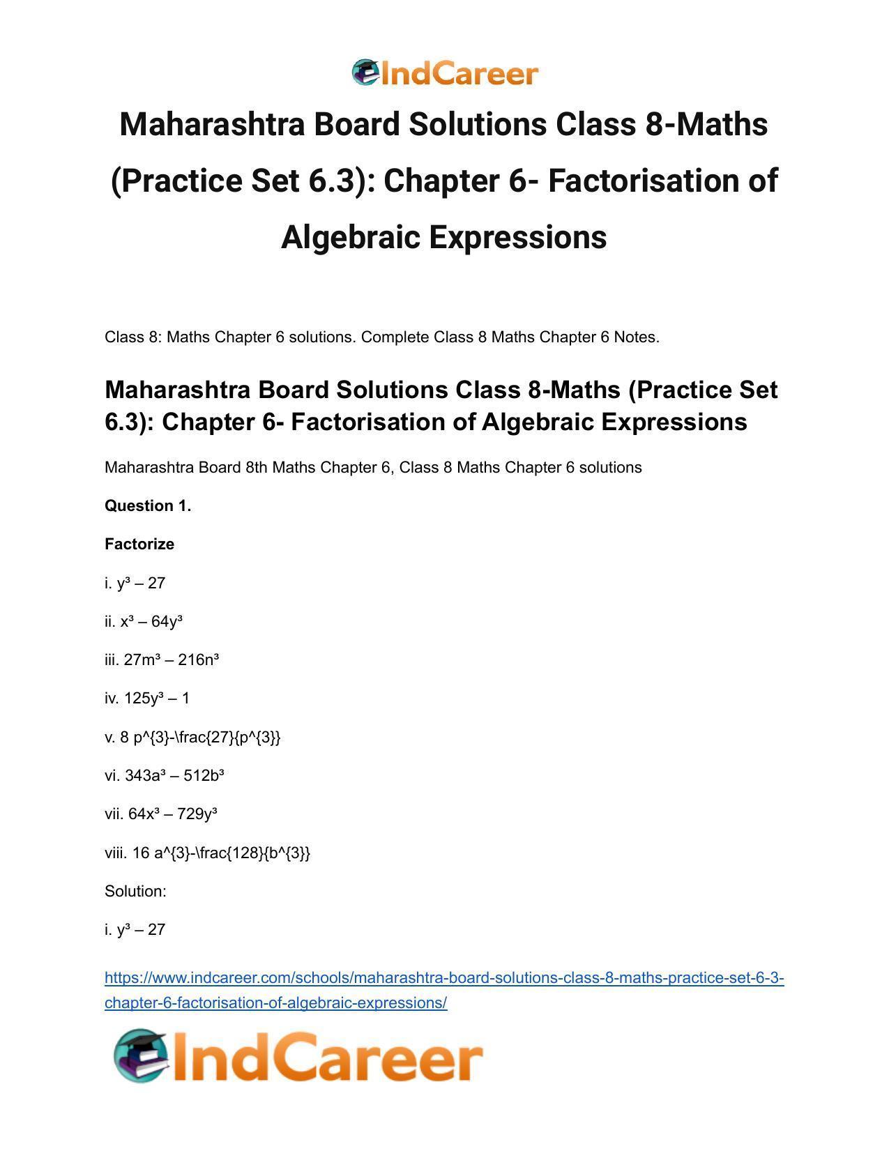 Maharashtra Board Solutions Class 8-Maths (Practice Set 6.3): Chapter 6- Factorisation of Algebraic Expressions - Page 2