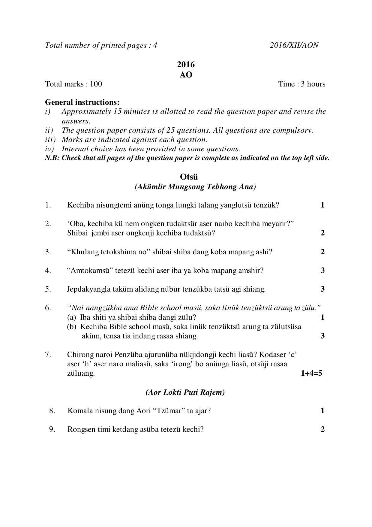 Nagaland Board Class 12 AO 2016 Question Papers - Page 1
