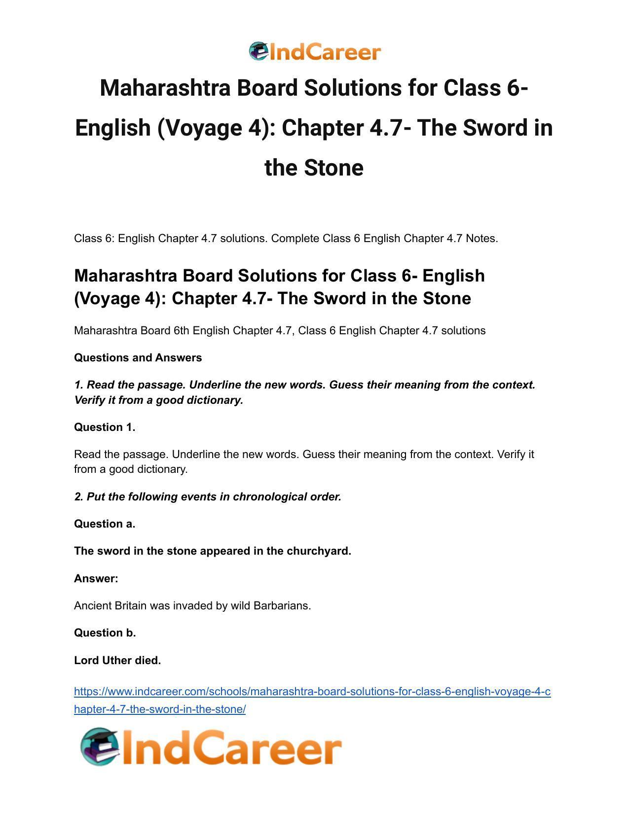 Maharashtra Board Solutions for Class 6- English (Voyage 4): Chapter 4.7- The Sword in the Stone - Page 2