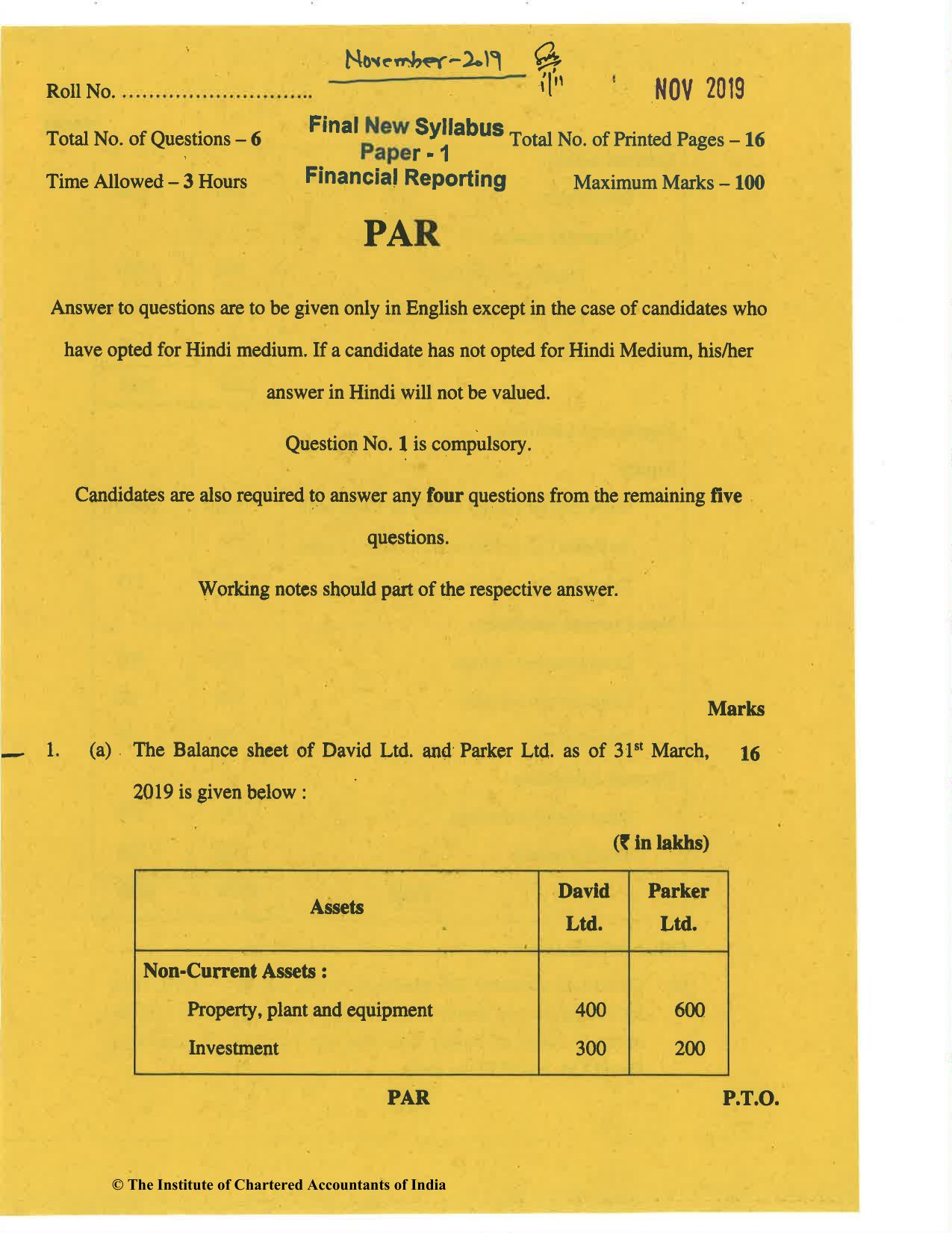 CA Final Nov 2019 Question Paper - Paper 1 – Financial Reporting - Page 1