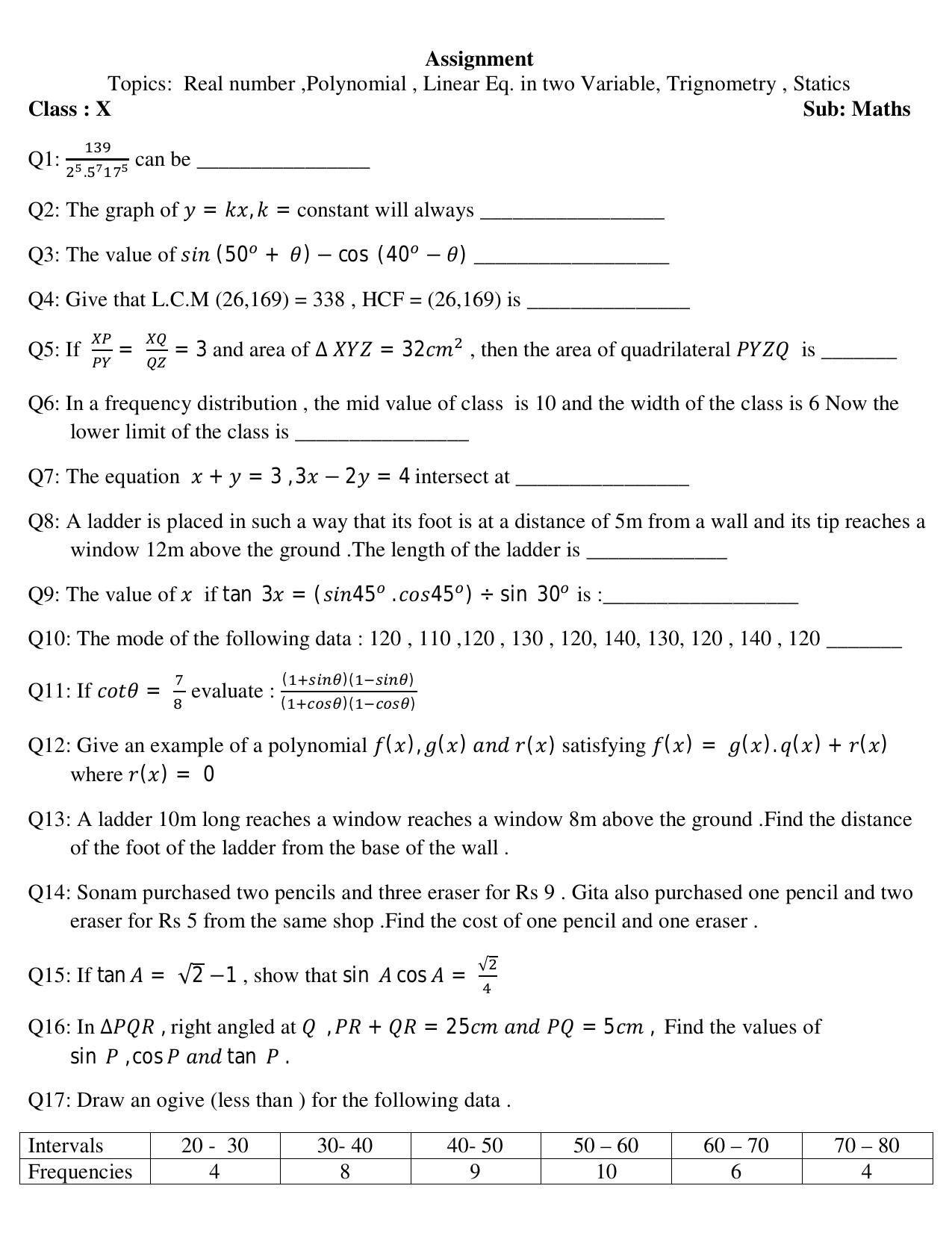 CBSE Worksheets for Class 10 Maths SA1 Assignment 3 - Page 1